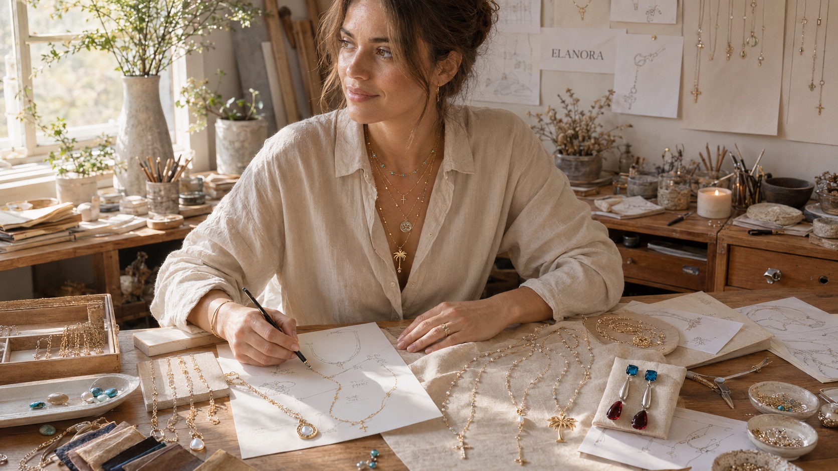 Elanora jewelry designer at her sunlit studio
