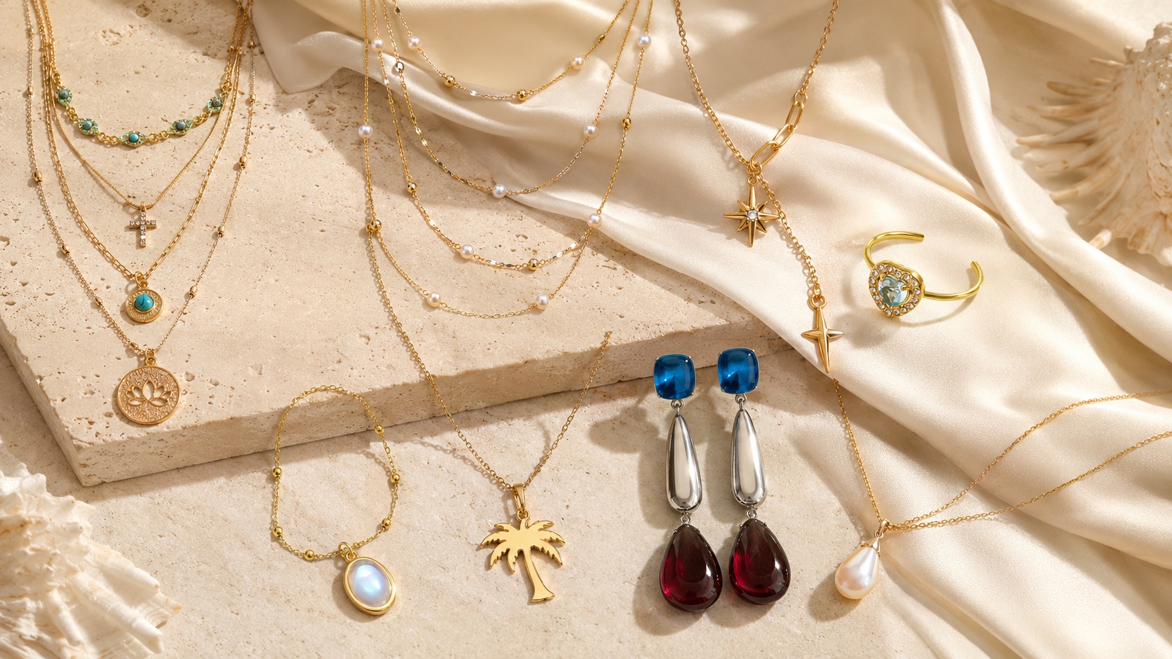 Collection flat lay of all jewelry pieces