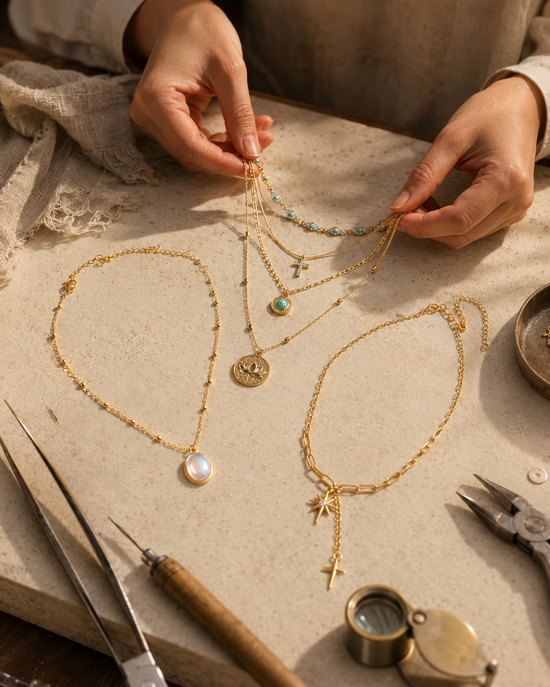 Artisan hands inspecting gold necklaces on workbench