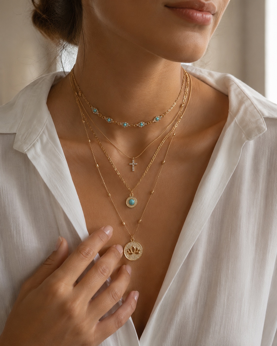 Layered Cross Pendant Necklace styled in context