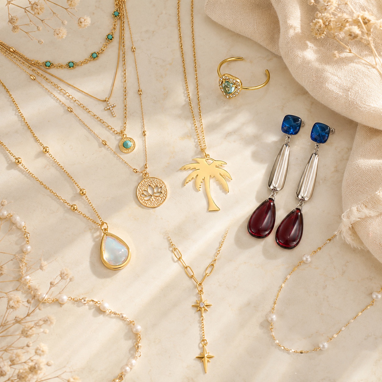 Elanora jewelry flat lay on cream marble