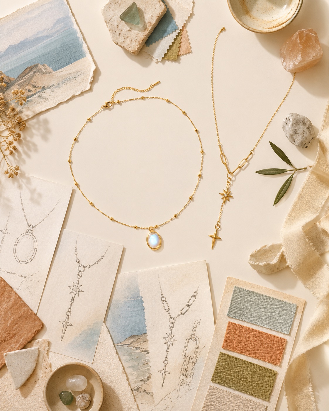 Jewelry sketches and Mediterranean mood board with moonstone and star necklaces