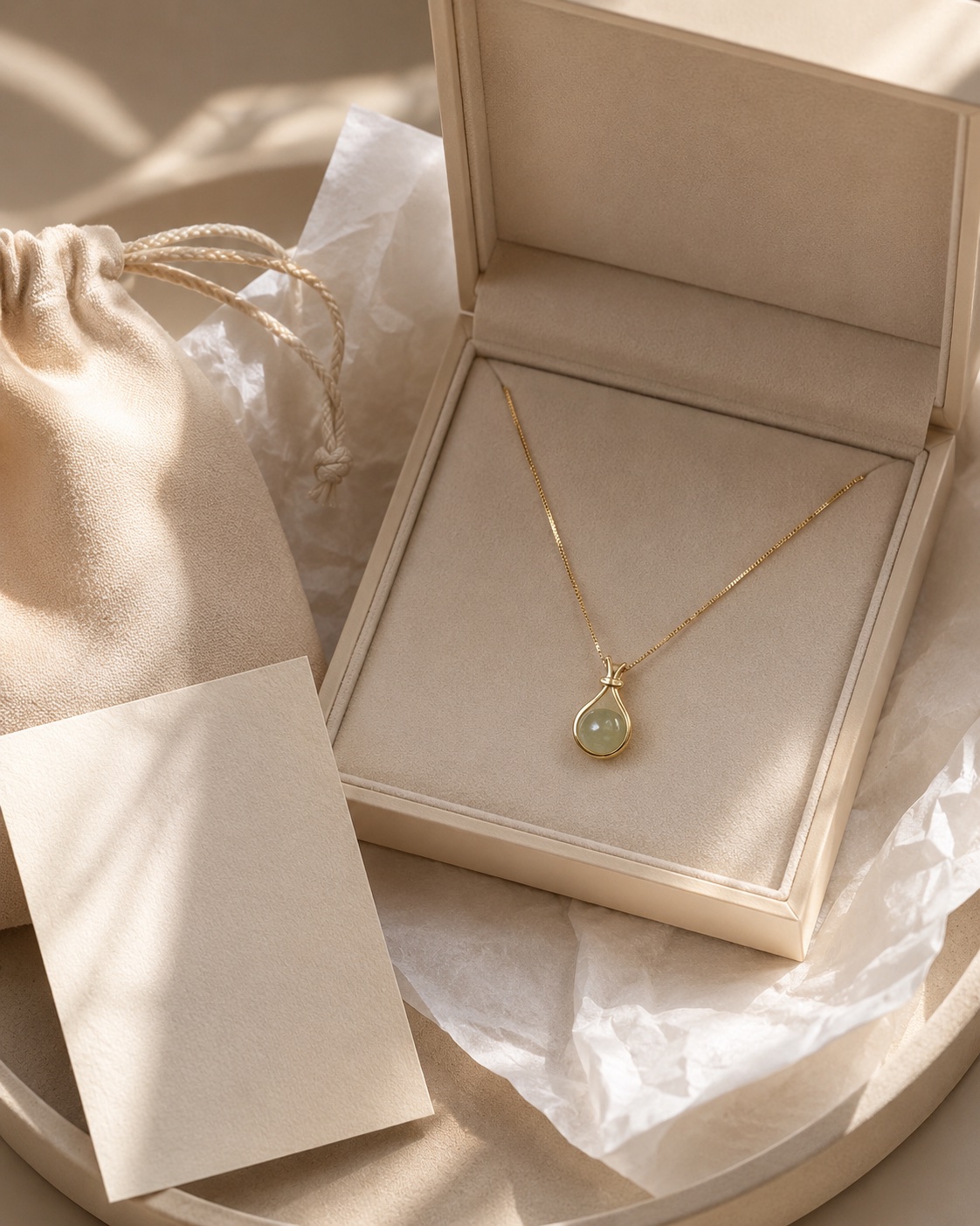 Pearl necklace in cream jewelry box with soft pouch