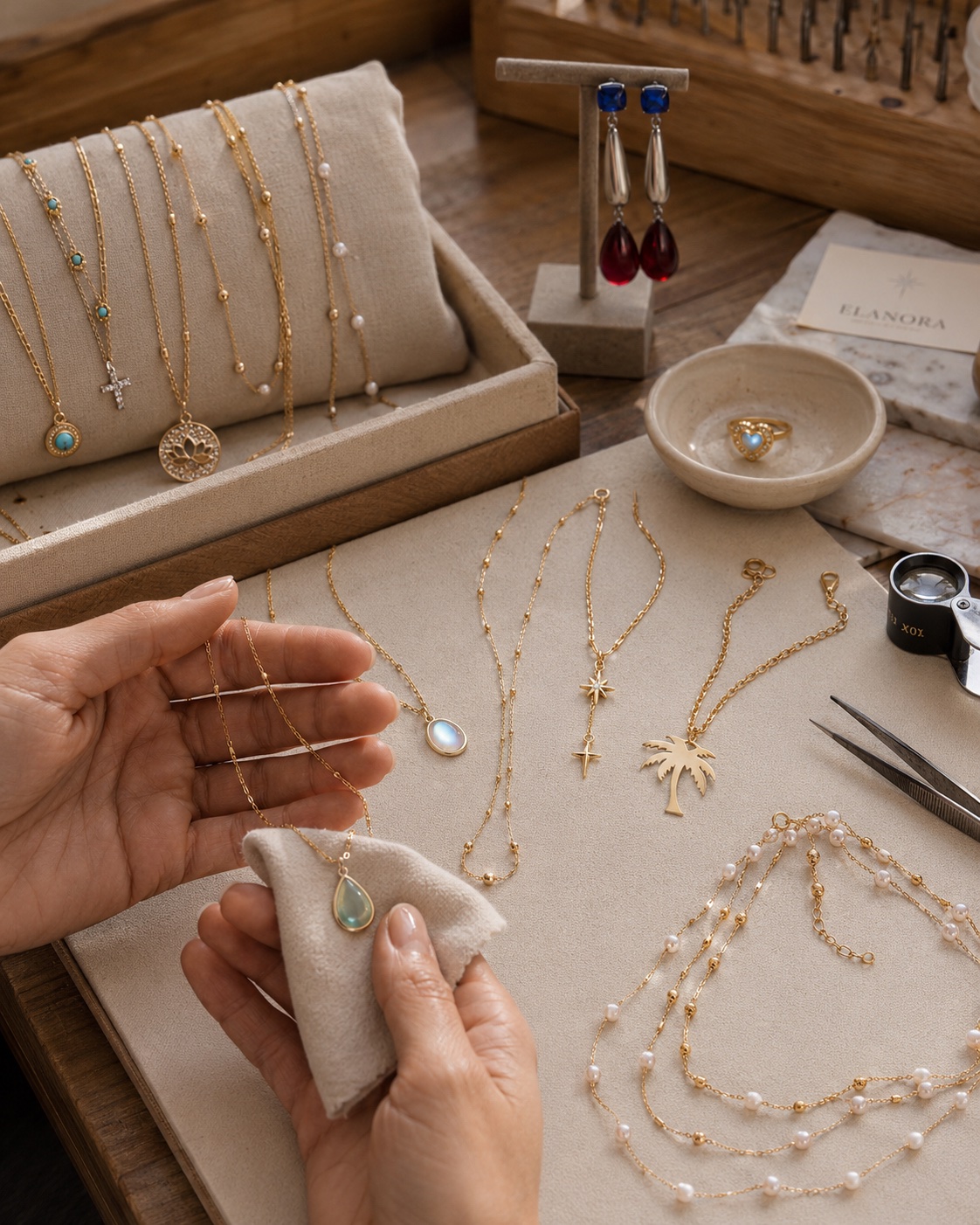 Elanora pieces being hand-finished at workshop bench