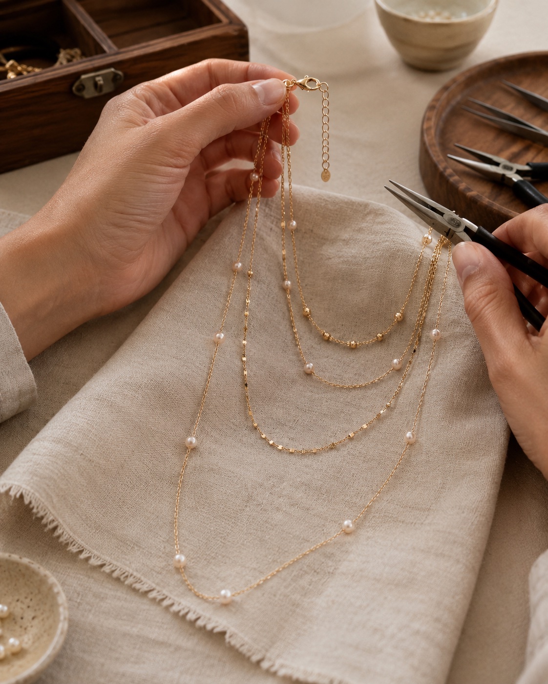 Artisan hands checking clasp and chain of pearl necklace